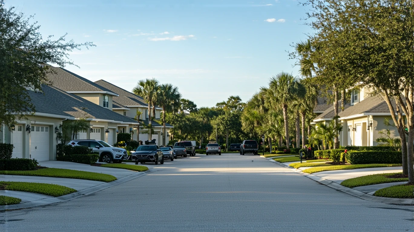 A quiet suburban street in Lutz, Florida with stucco homes, tidy yards, and a few parked cars.