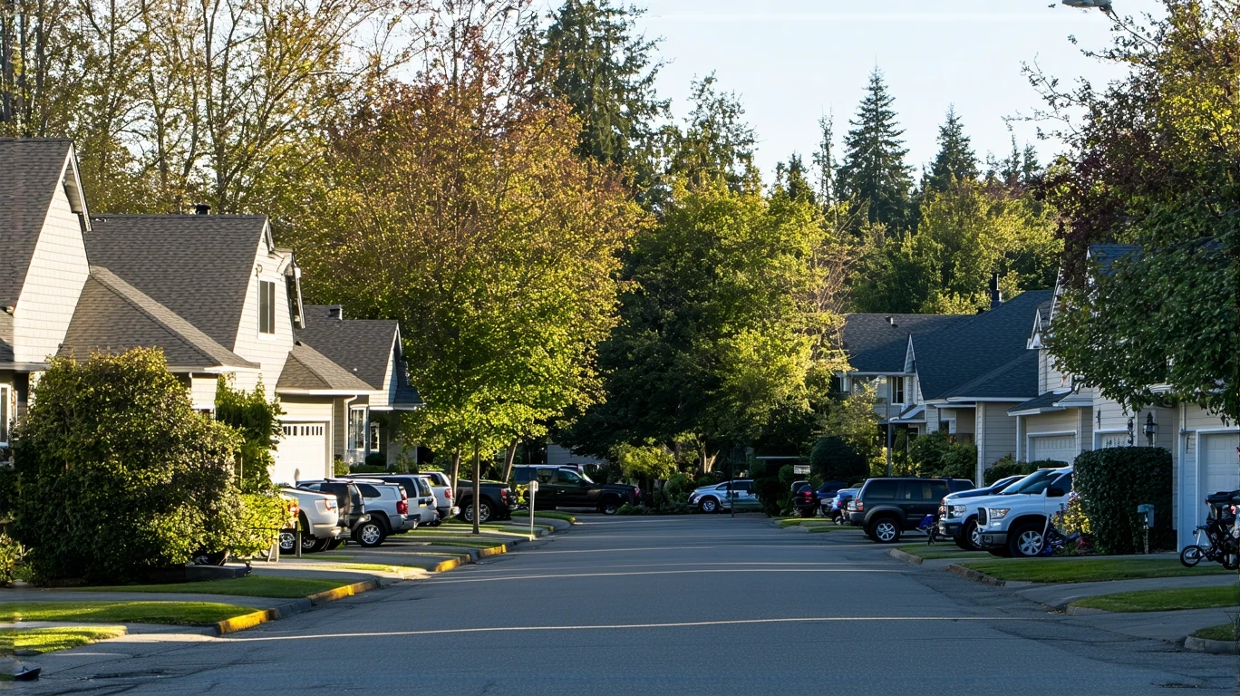 A peaceful residential street in Auburn, WA in the early morning light, with modest one-story homes and tree-lined sidewalks.