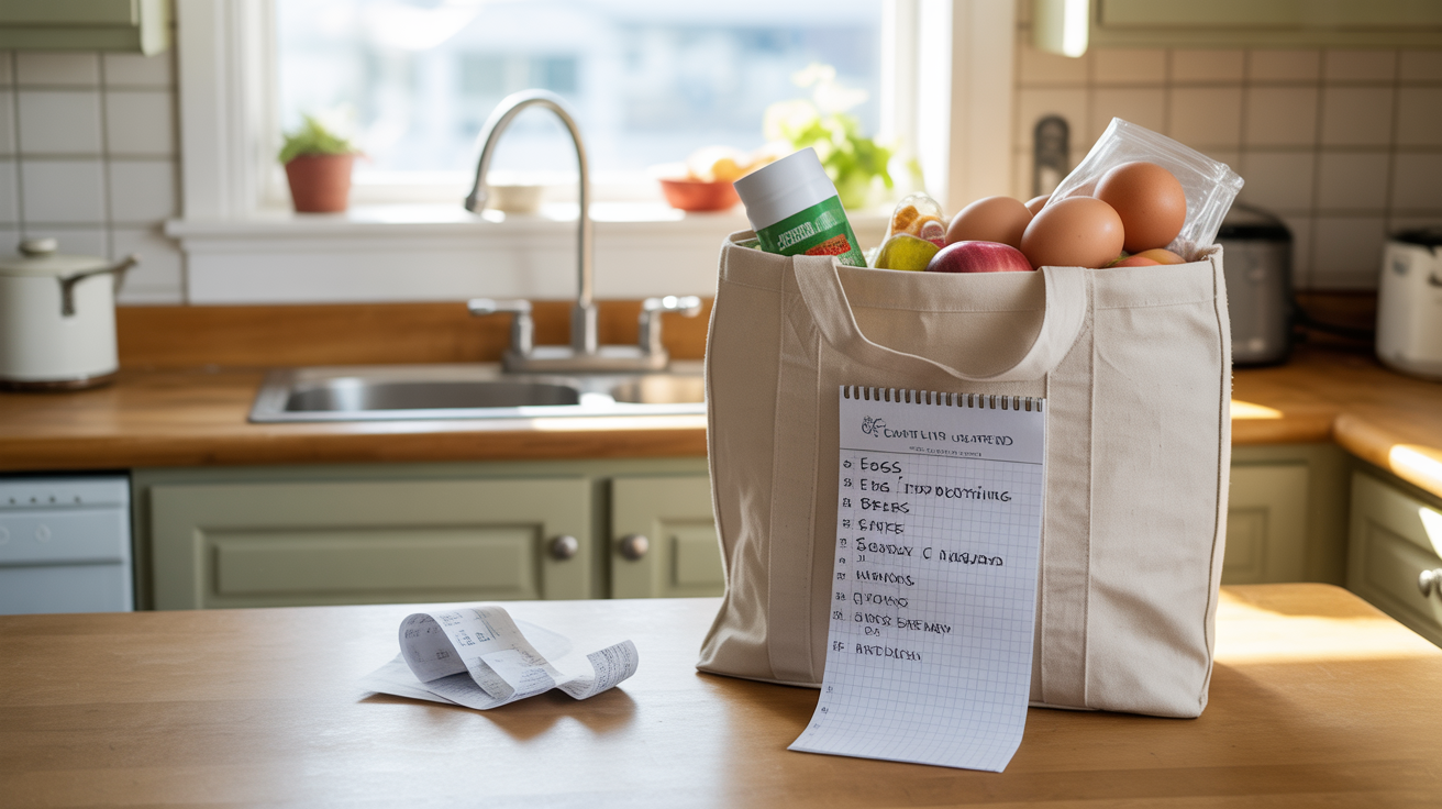 A grocery bag, shopping list, and receipts on a kitchen counter in Enterprise, NV