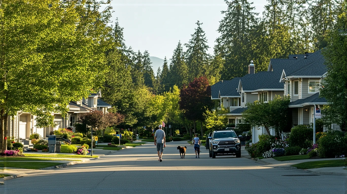 Craftsman style homes with neat landscaping on a quiet residential street in Sammamish, WA on a sunny day. A man walks a dog in the distance.