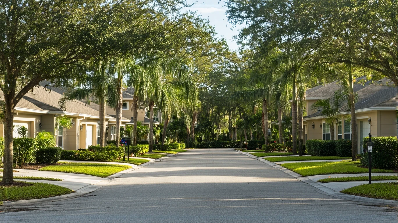 A suburban street in Oviedo, Florida lined with stucco homes and small apartment buildings.