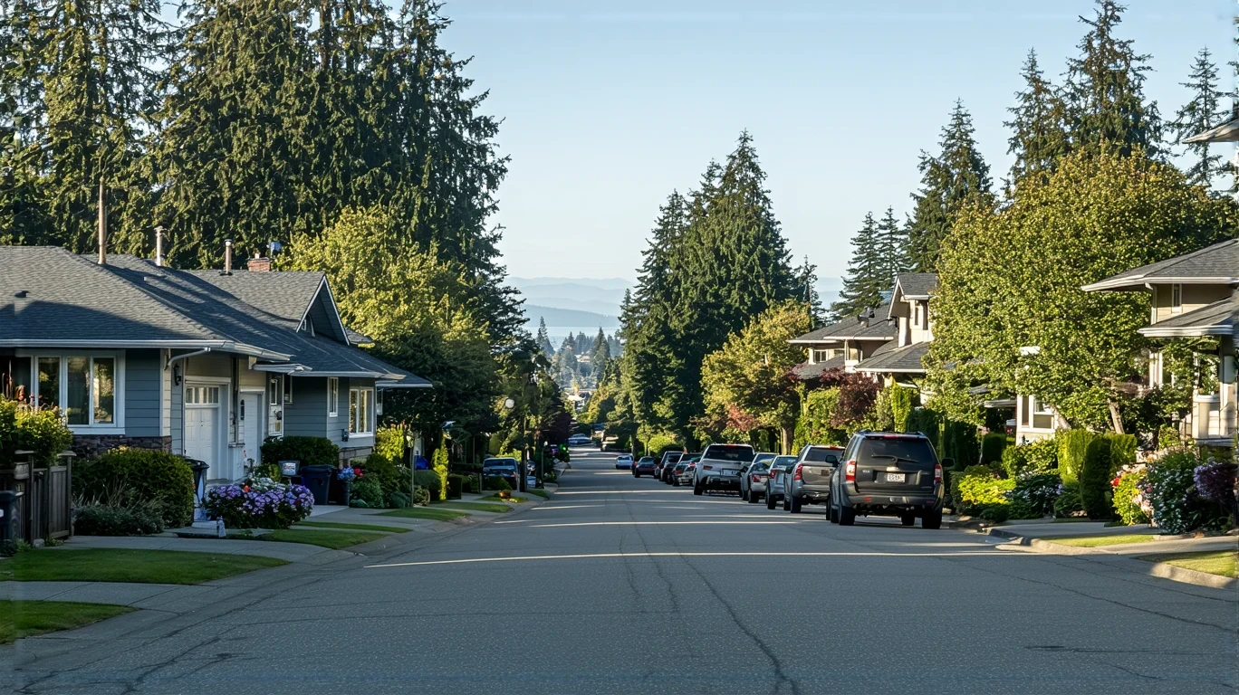 A tree-lined residential street in Edmonds, Washington with craftsman houses and the Puget Sound visible in the distance on a sunny day.