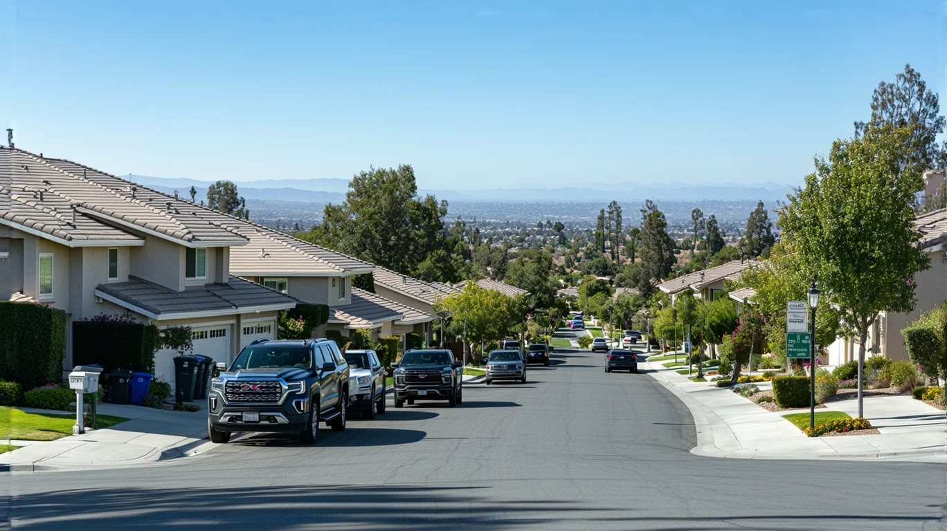 A residential street in Poway, CA lined with modern suburban homes, parked cars, and a person walking on the sidewalk.