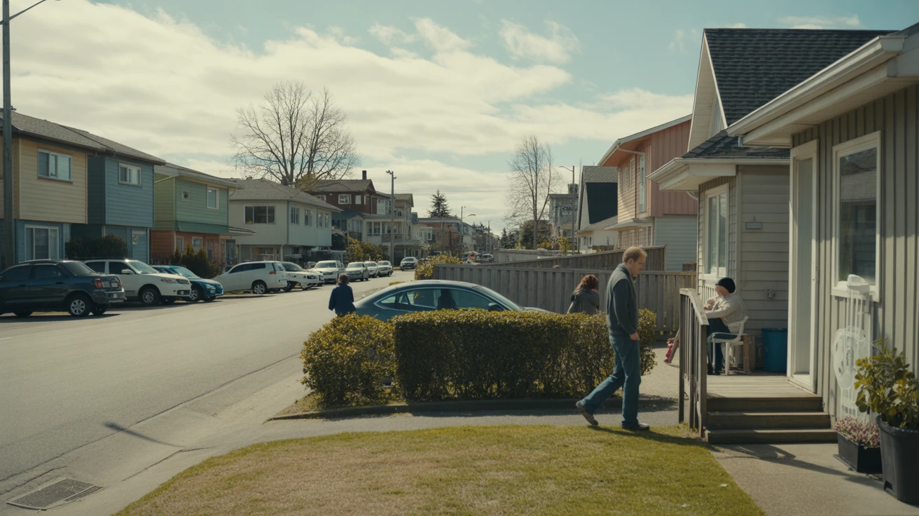 A residential street in Seattle with a mix of small apartment buildings and single-family homes. A few people are out walking or sitting on porches.