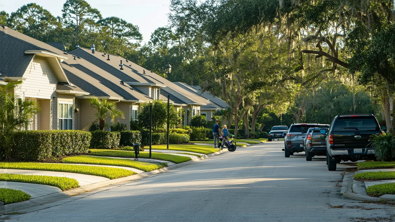 A sunny suburban street in Lutz, Florida with modest homes, tidy lawns and a woman watering plants
