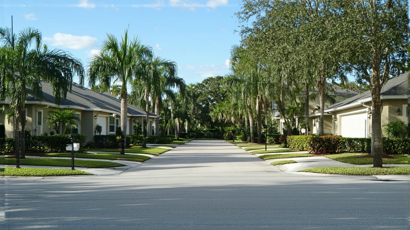 A peaceful residential street in Altamonte Springs, FL with modest stucco homes and tidy landscaping.