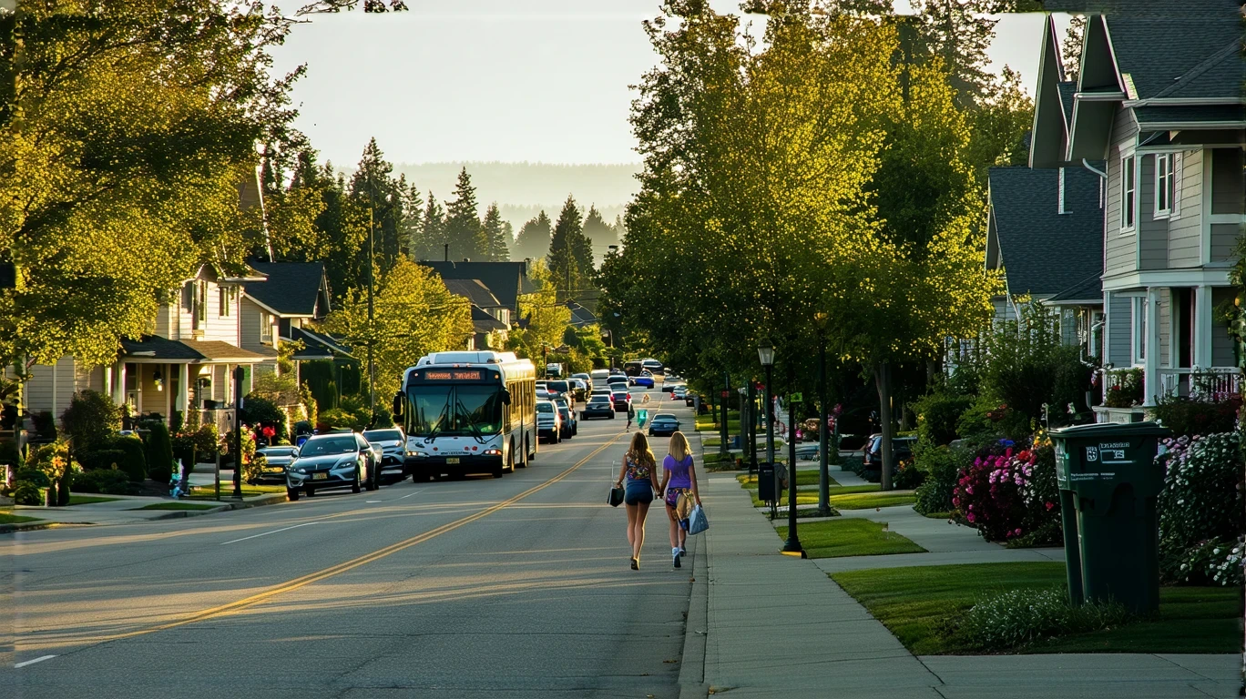 A Valley Metro bus driving past craftsman homes on a residential street in Federal Way, Washington