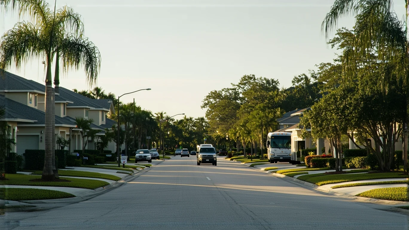 A peaceful suburban street in Oviedo, Florida with stucco homes, palm trees, and a public bus driving by.