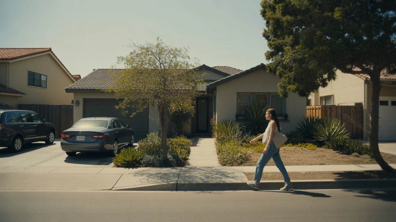 Exterior view of a modest stucco home in Chula Vista with drought-tolerant landscaping, a parked car in the driveway, and a woman walking on the sidewalk.