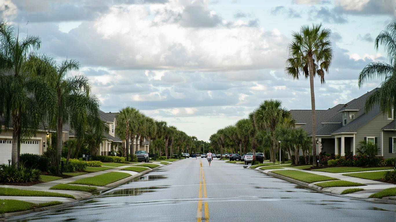 A suburban street in St Cloud, Florida after a rain shower, with palm trees and parked cars.