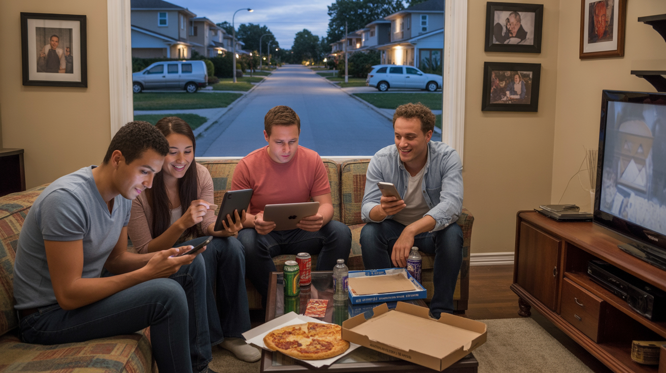 A group of friends hang out in a living room, focused on their devices