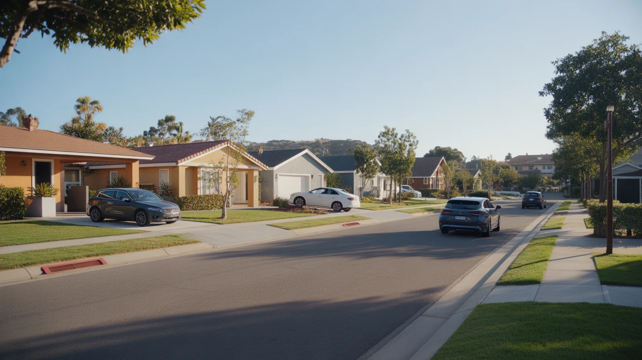 Suburban street in Vista, California lined with modern single-family homes and cars parked in driveways.