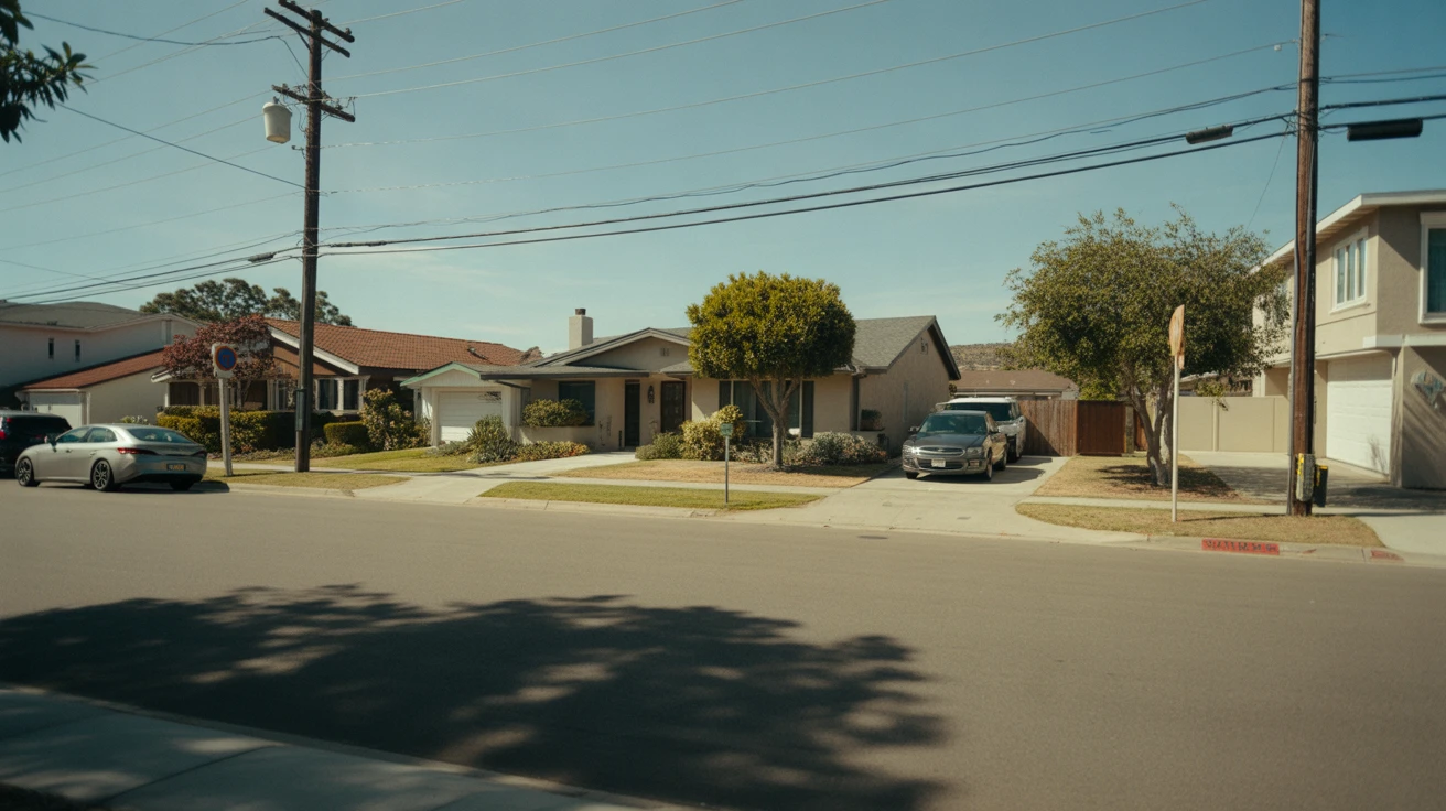 Exterior view of a modest ranch style home in Chula Vista, California with a car in the driveway and some landscaping.