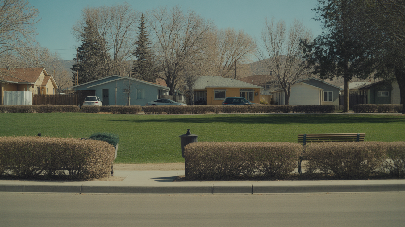A quiet neighborhood park in Boulder City, Nevada with trimmed hedges and a wooden bench