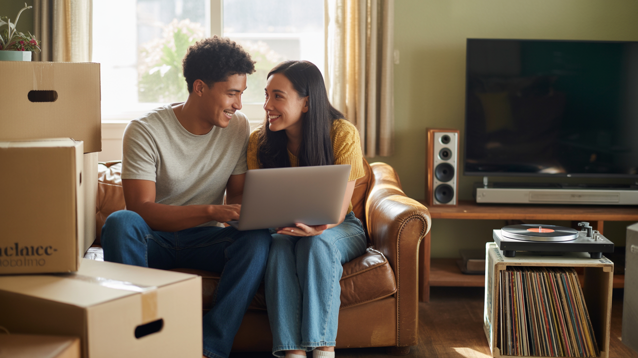 Young couple unpacking in Cicero home, researching streaming options on laptop