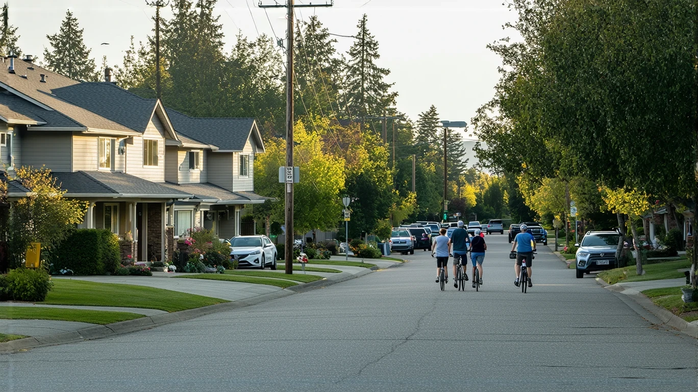 A young couple walks down a quiet suburban street in Auburn, Washington, carrying groceries past craftsman-style homes with tidy lawns.
