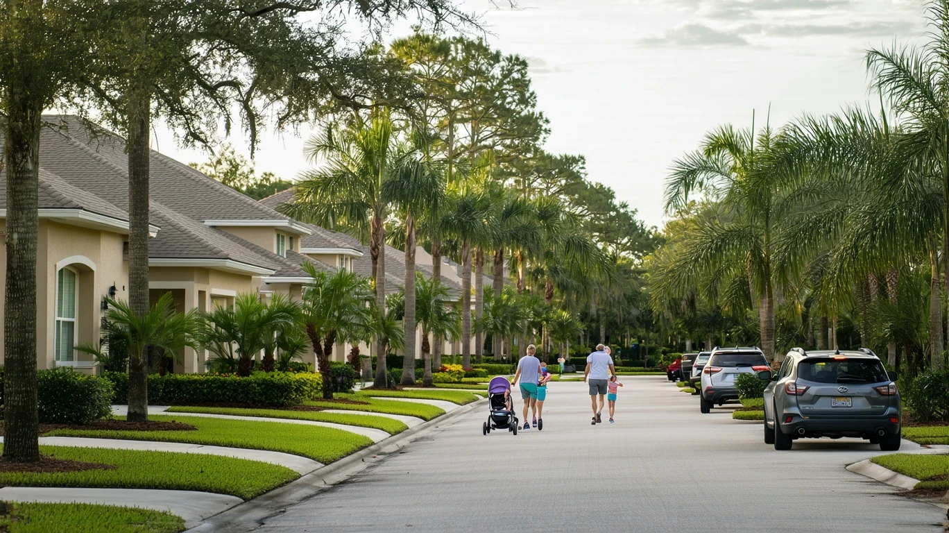 A sunny suburban street in St Cloud, Florida with stucco homes, landscaped yards, and a family walking on the sidewalk.