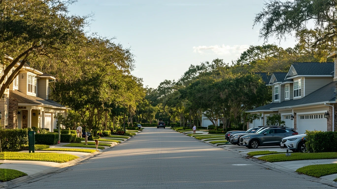 A sunny suburban street in Lutz, Florida lined with well-maintained stucco homes and tidy landscaping.