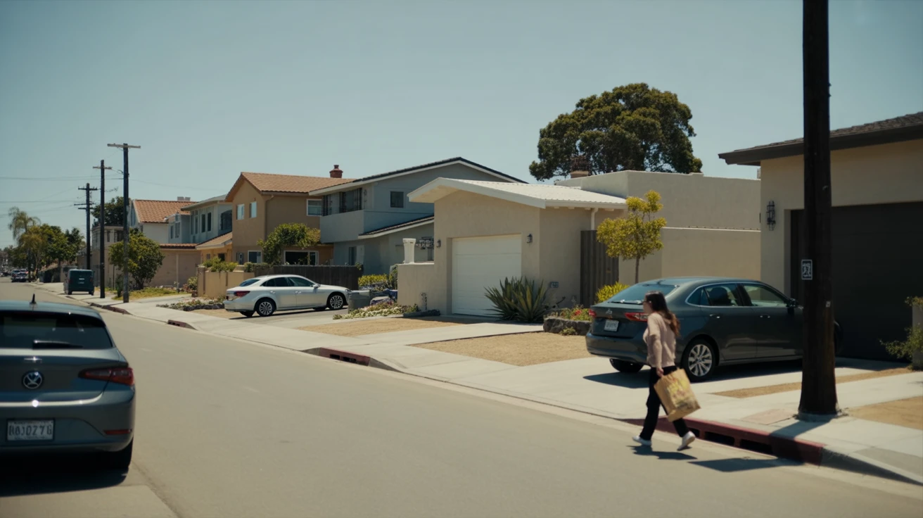 A woman carrying groceries walks down a residential street lined with modest single-family homes in San Diego, California.