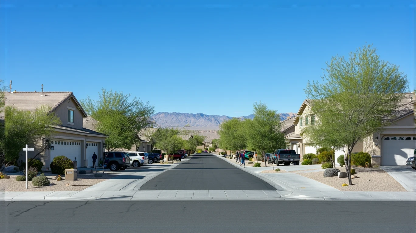 A sunny residential street in Blue Diamond, Nevada with well-maintained single-family homes and desert landscaping.