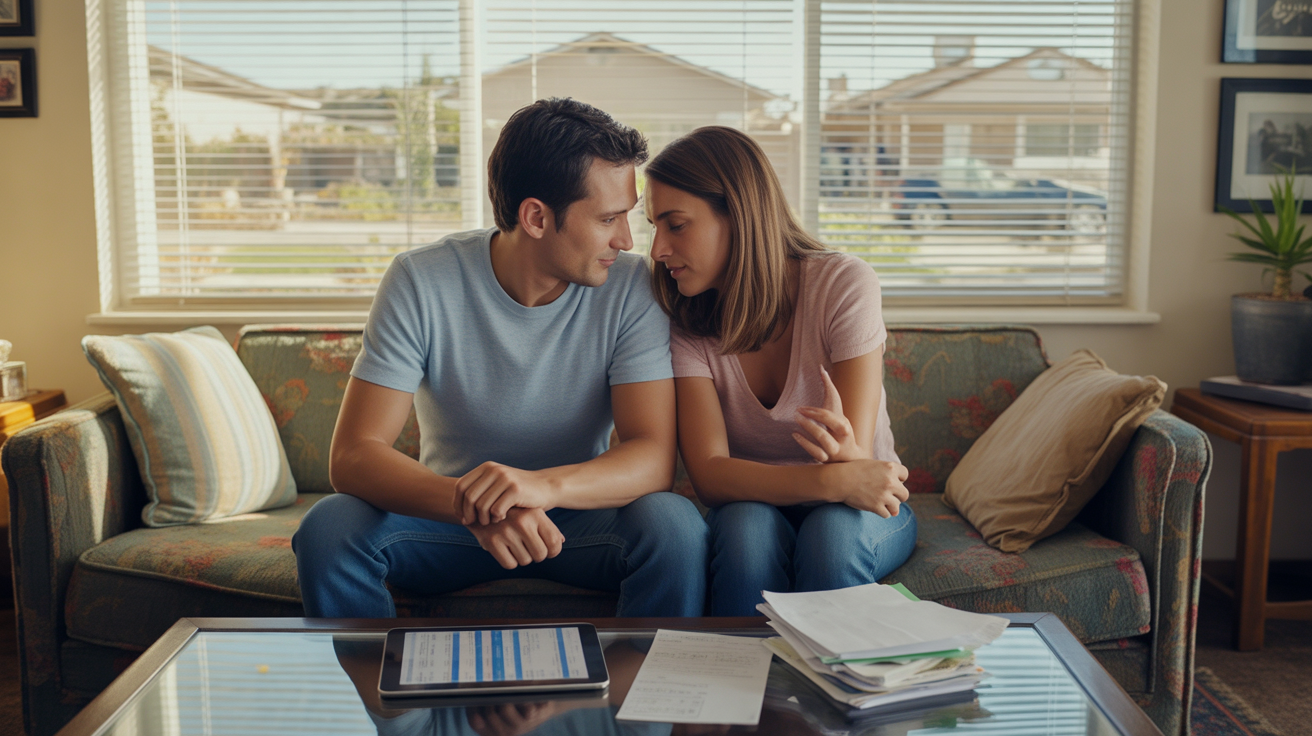 A couple reviews their monthly budget together on a couch in their Enterprise, Nevada home.