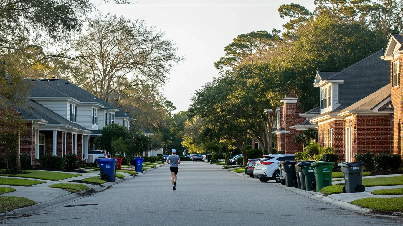 A jogger runs past a row of red brick homes in a Sanford, Florida neighborhood on a sunny morning.