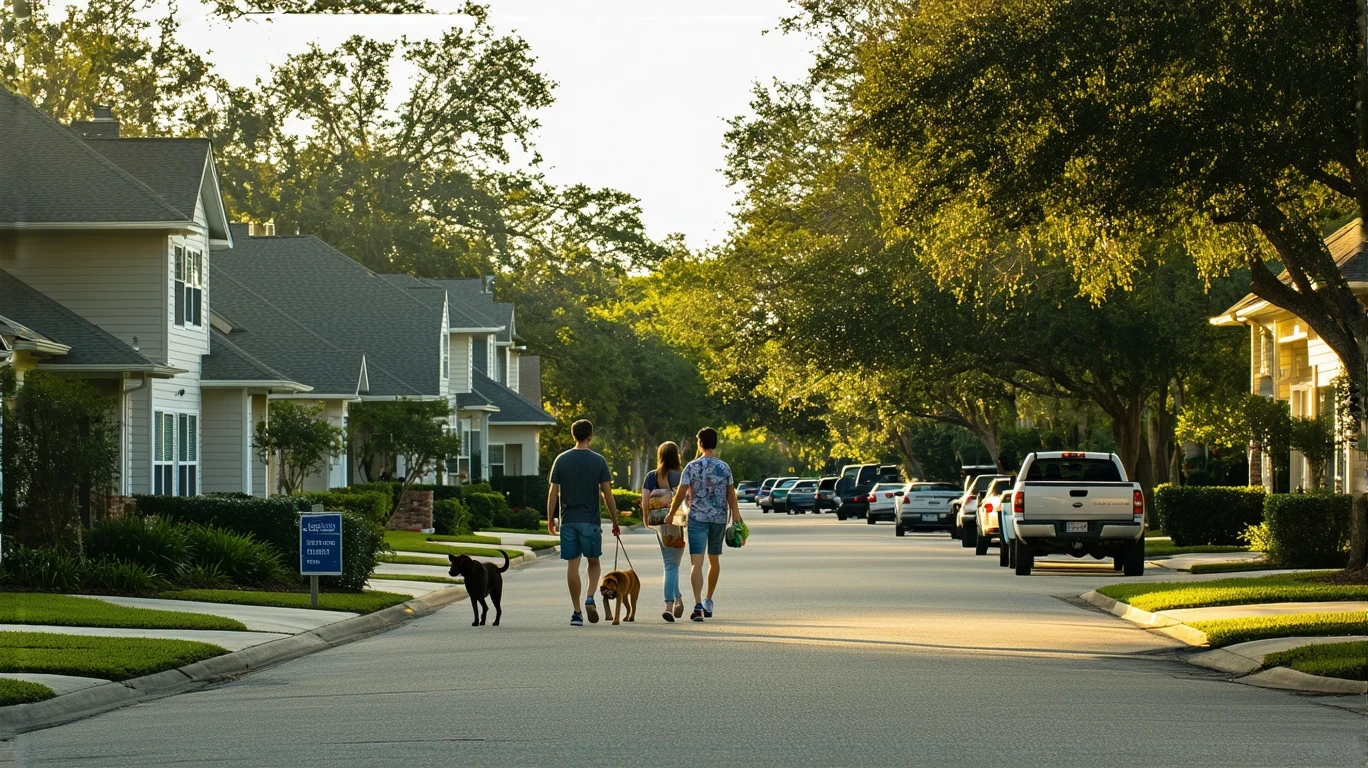 A sunny suburban street in Sanford, Florida lined with craftsman-style homes and featuring a young couple walking their dog on the sidewalk.