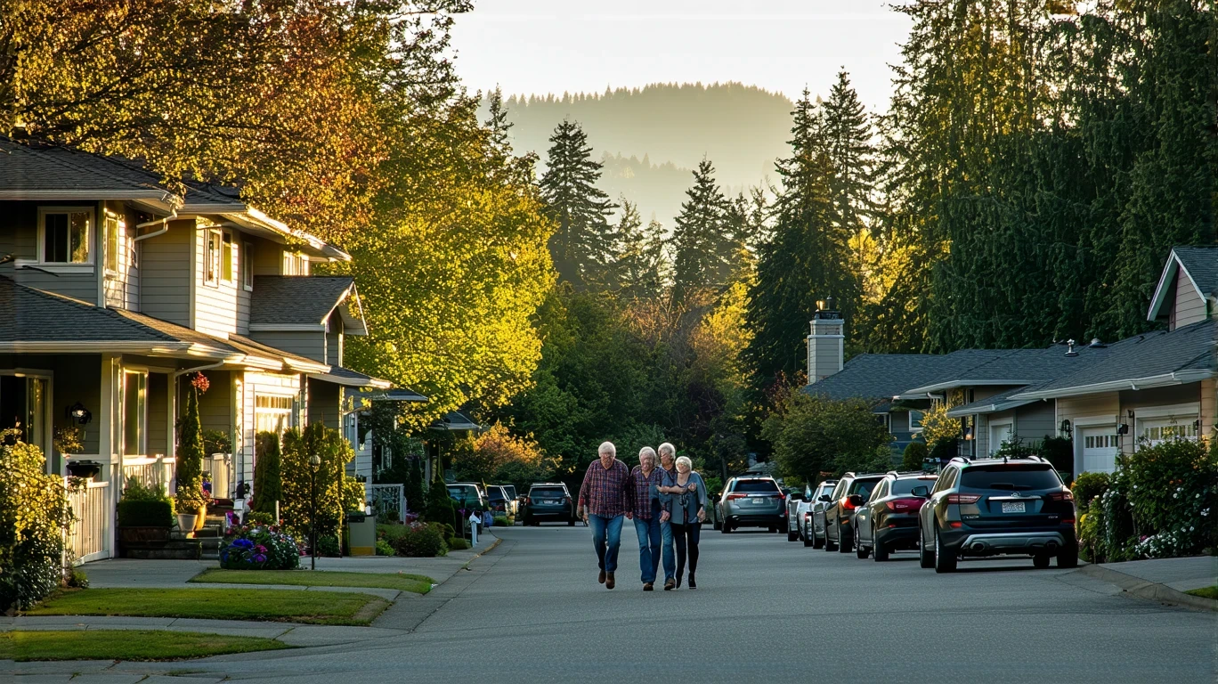 A retired couple walking down a tree-lined street in Sammamish, Washington, with Craftsman-style homes and the Cascade Mountains visible in the distance.