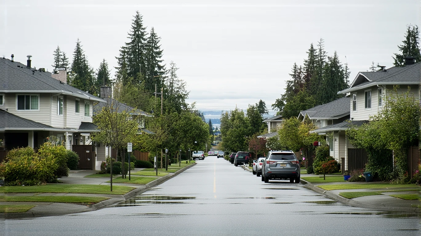 A residential street in Edmonds, WA on a cloudy day with palm trees reflected in puddles