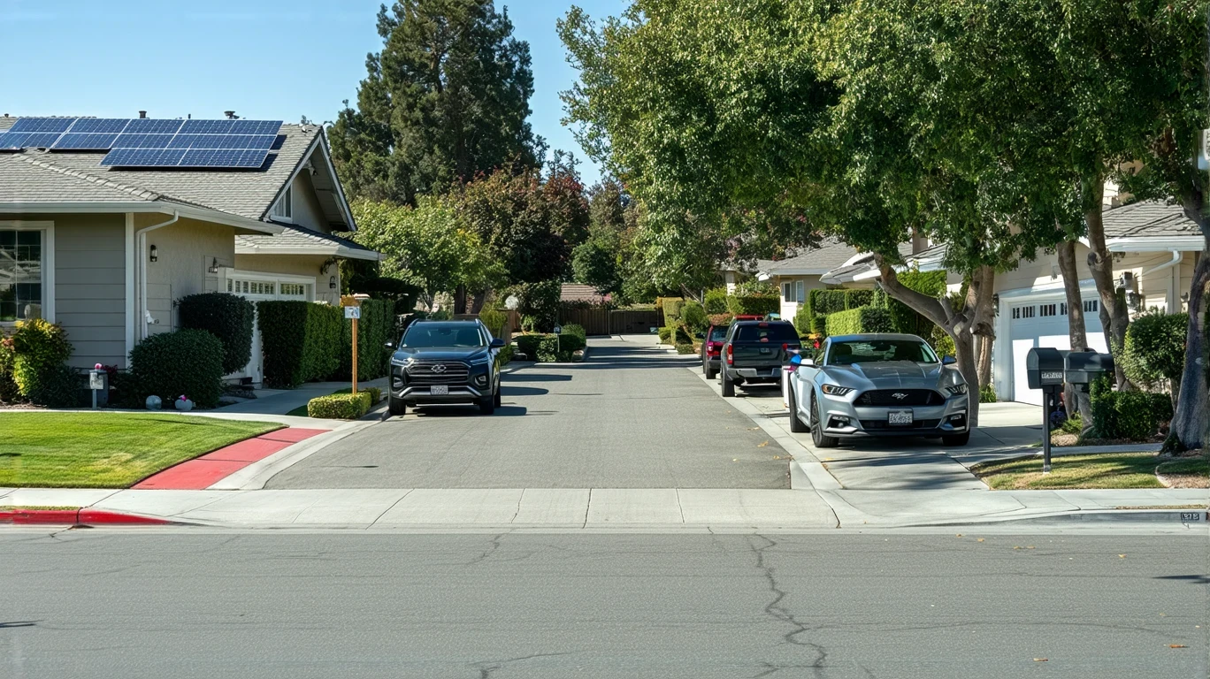 Quiet residential street in Poway, California with modern single-family homes, solar panels, parked cars, and tidy yards on a sunny day.