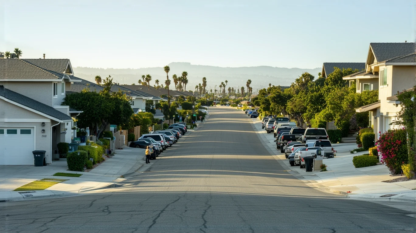 A sunny residential street in Encinitas with parked cars and well-maintained homes.