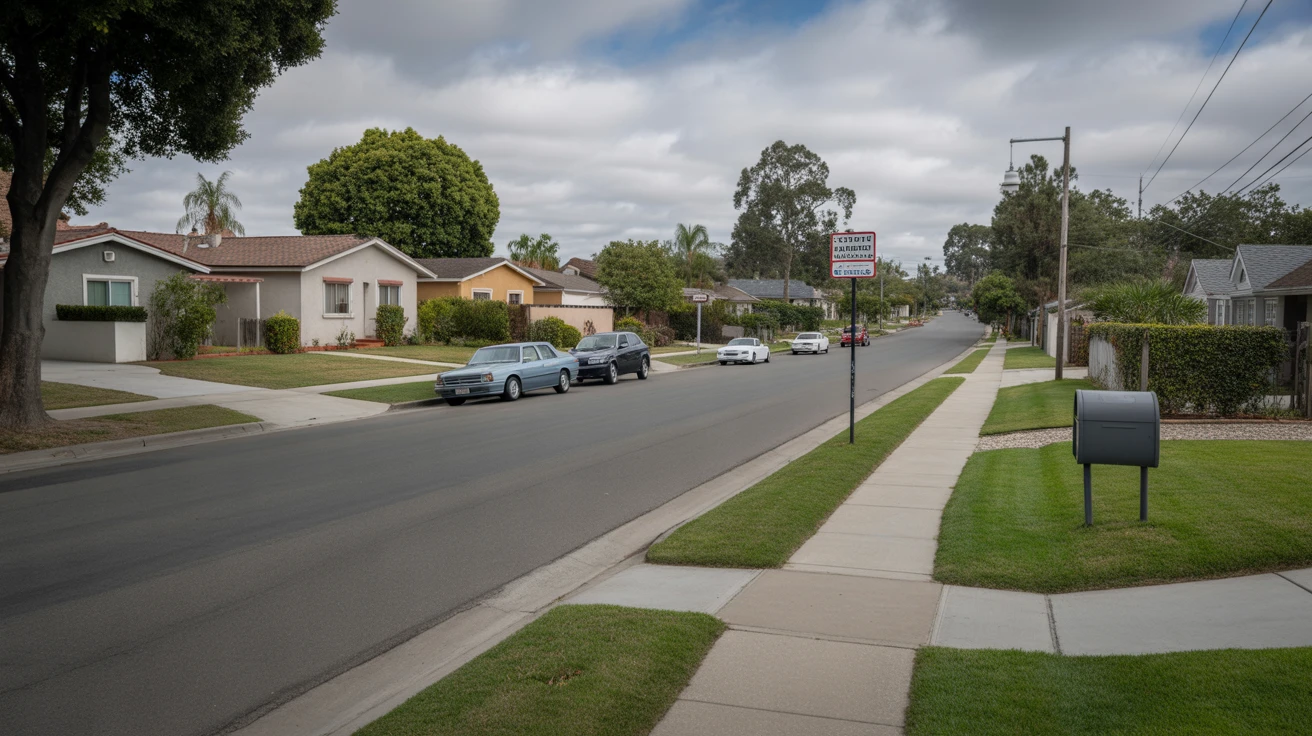 A residential street in Escondido lined with modest single-family homes on a cloudy day