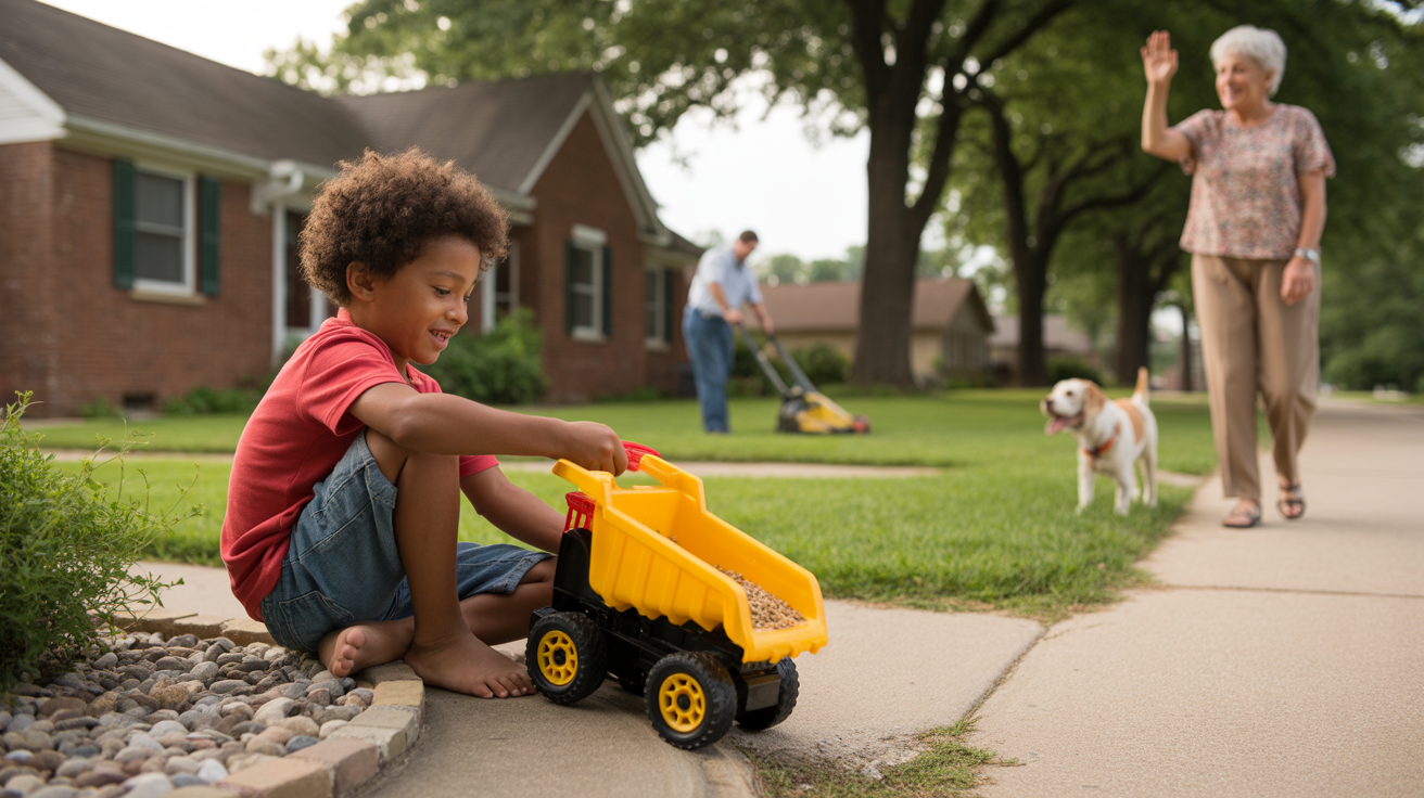 A young boy plays with a toy truck on the stoop of a house in Fern Creek, Kentucky on a summer evening, as an elderly neighbor walks her dog across the quiet street.