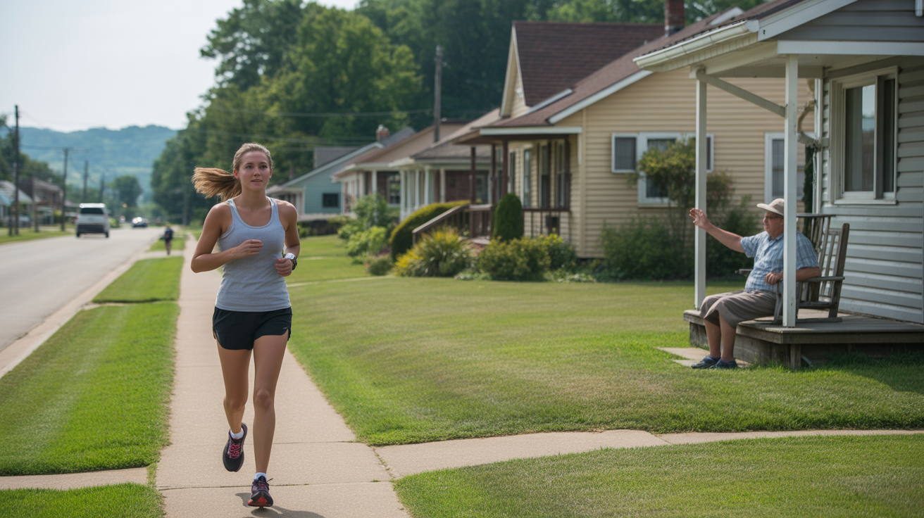 Woman jogging in Okolona neighborhood with modest homes and landscaped lawns
