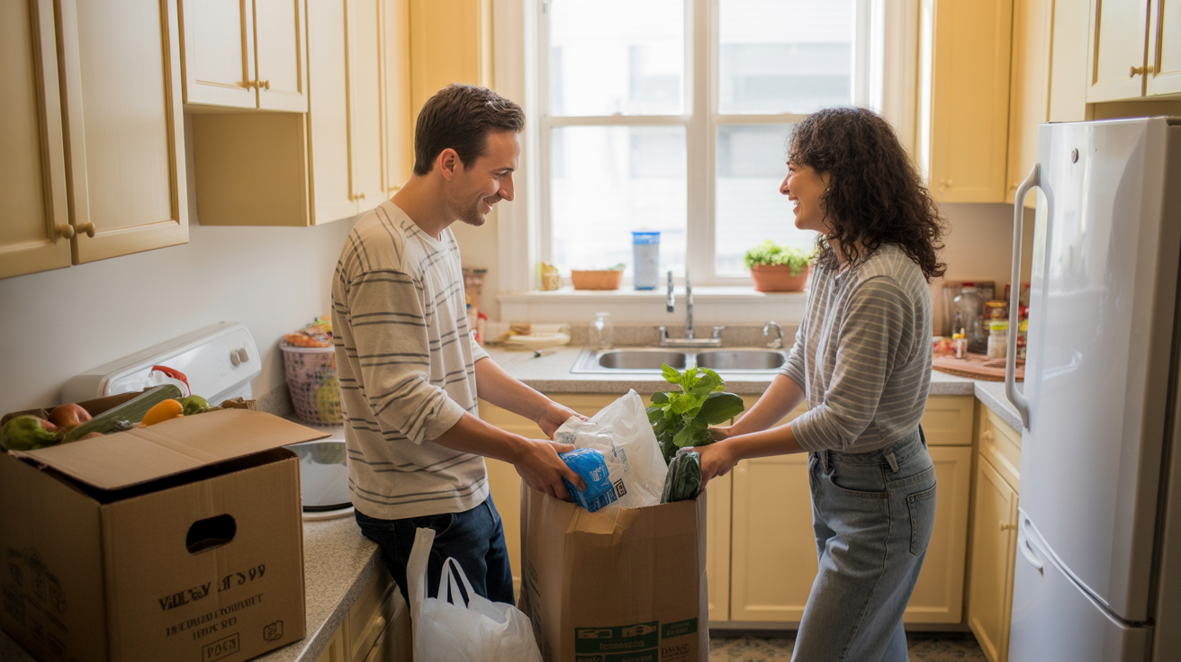 Roommates unpack groceries together in new Valley Station apartment kitchen