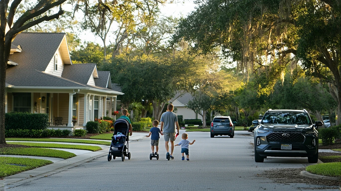 A young family walks along a sidewalk in a peaceful Maitland neighborhood with craftsman-style homes and tidy landscaping.