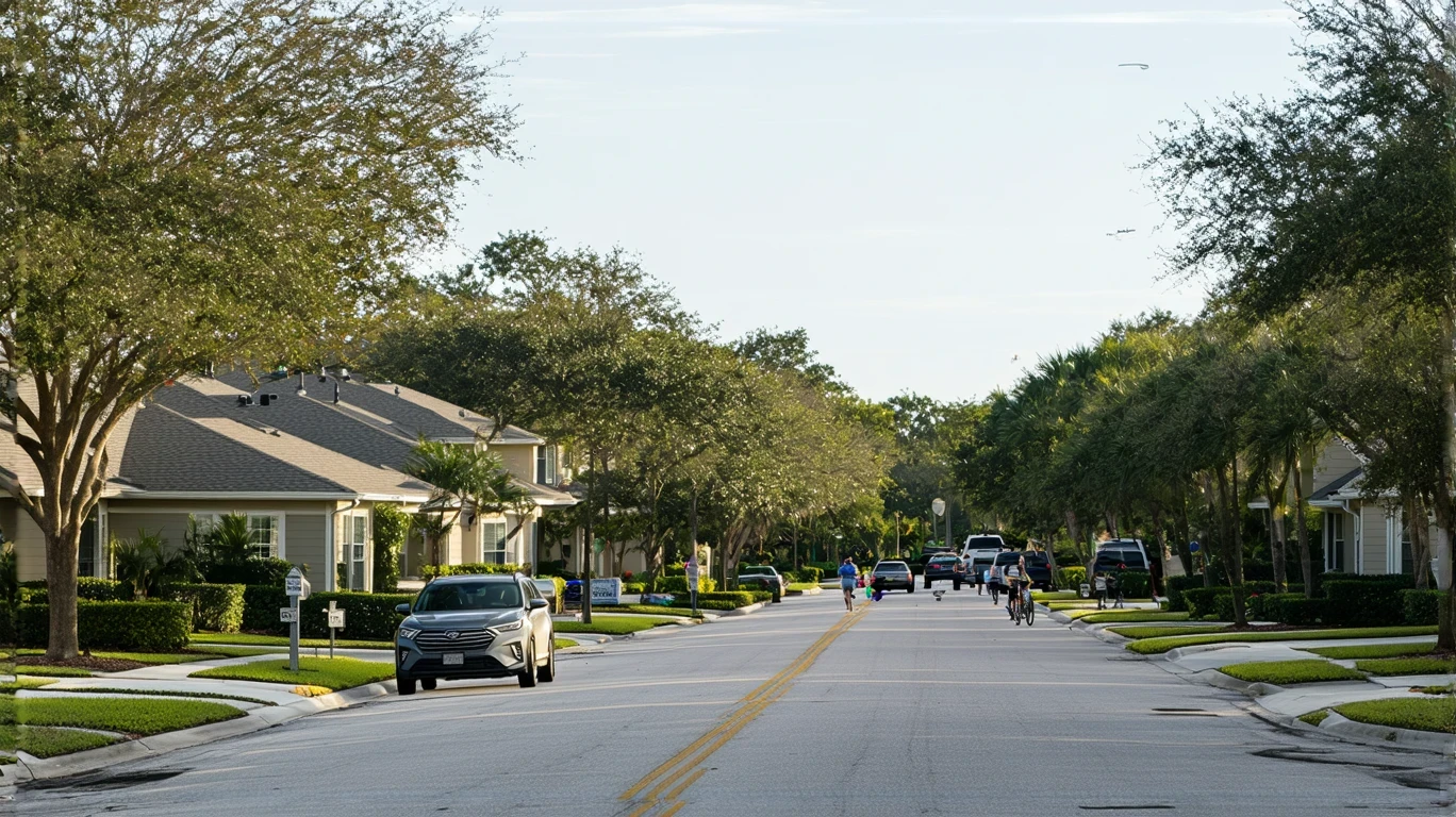 A LYNX bus driving through a suburban neighborhood in Altamonte Springs, Florida on a sunny day. A few people are walking on the sidewalk.