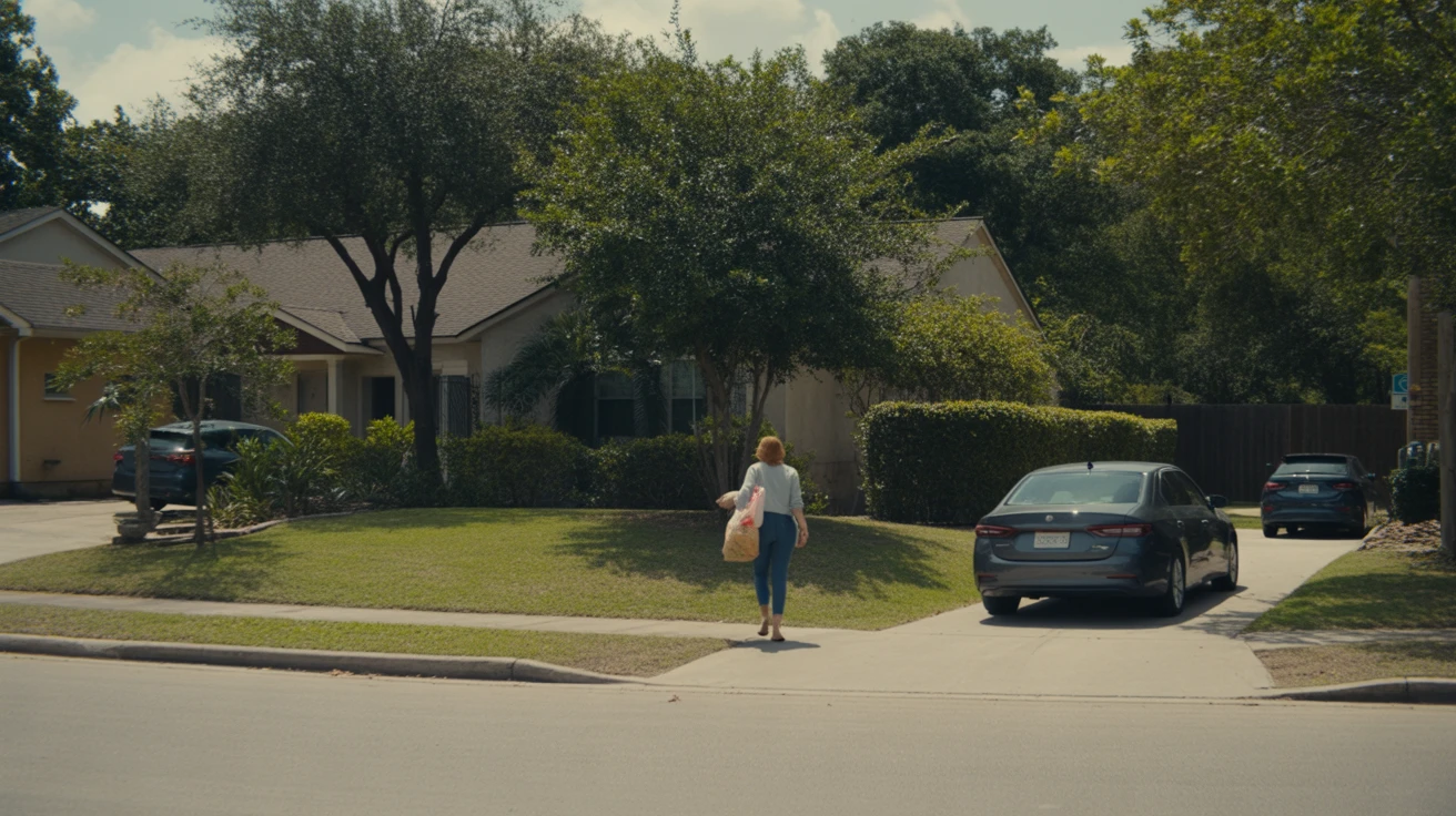 Front view of a modest single-family home in Cypress, Texas with a woman carrying groceries up the driveway.