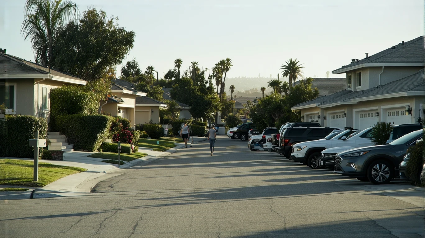 A sunny residential street in Carlsbad, California lined with modern single-family homes and tidy front yards.