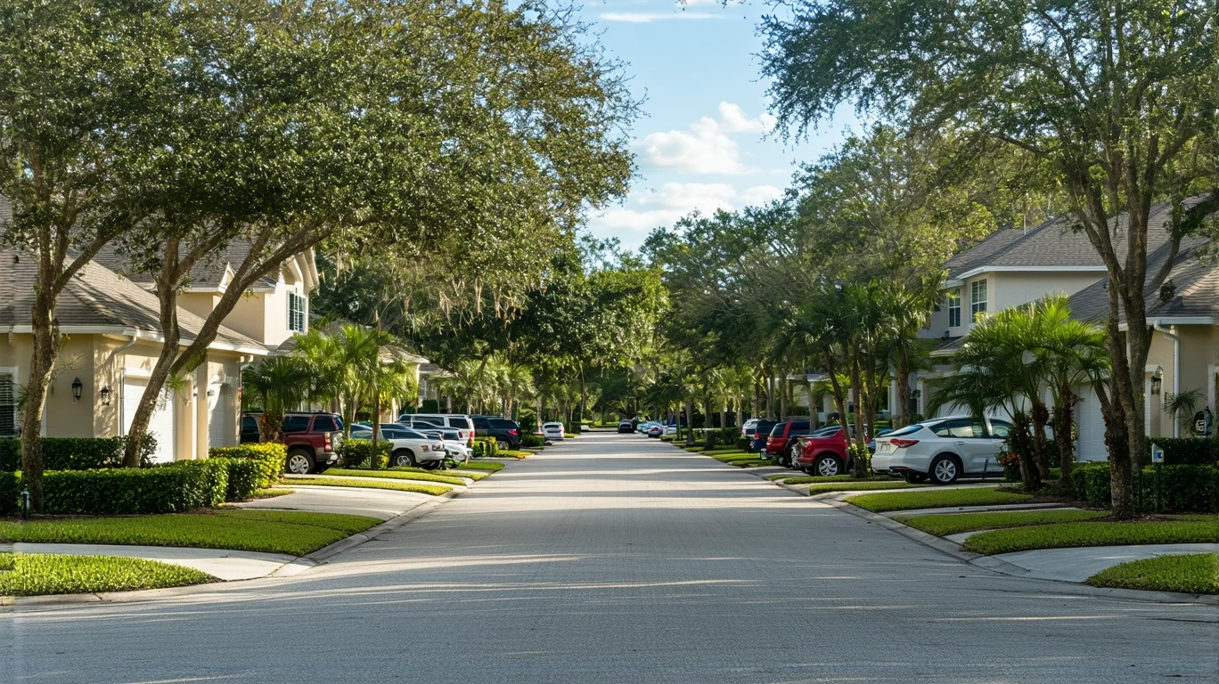 A residential street in Altamonte Springs with single-family homes and small apartment buildings.