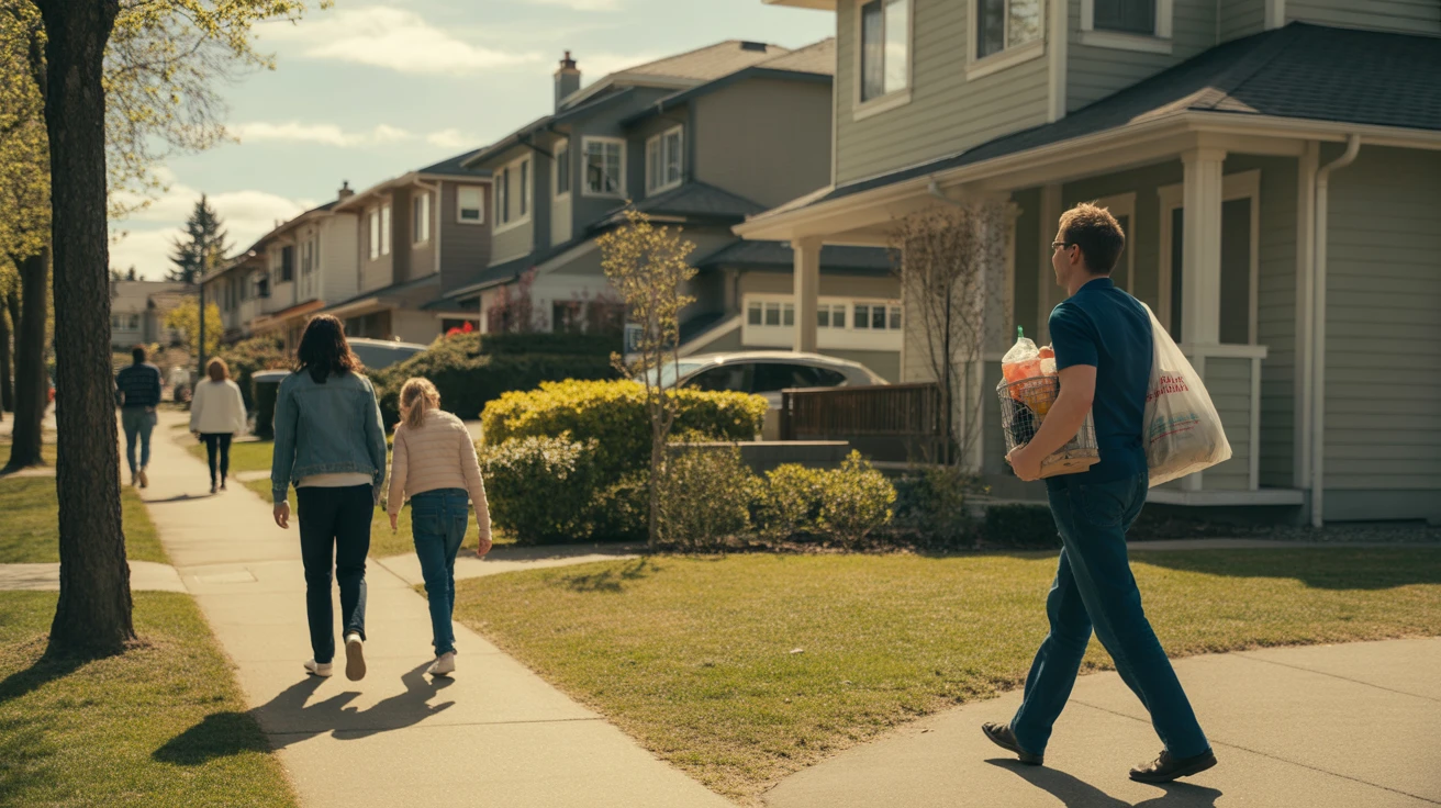 A family walks along a sidewalk in a quiet Bellevue neighborhood on a sunny day. A man carries groceries up the driveway of a craftsman style home.