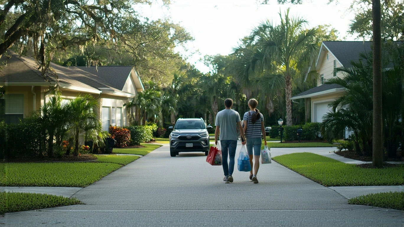 A couple carrying groceries up the driveway of their craftsman home in Apopka, Florida