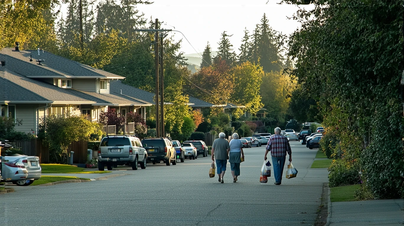 A couple carrying groceries down a sidewalk in a tidy Edmonds neighborhood with craftsman homes and manicured lawns.