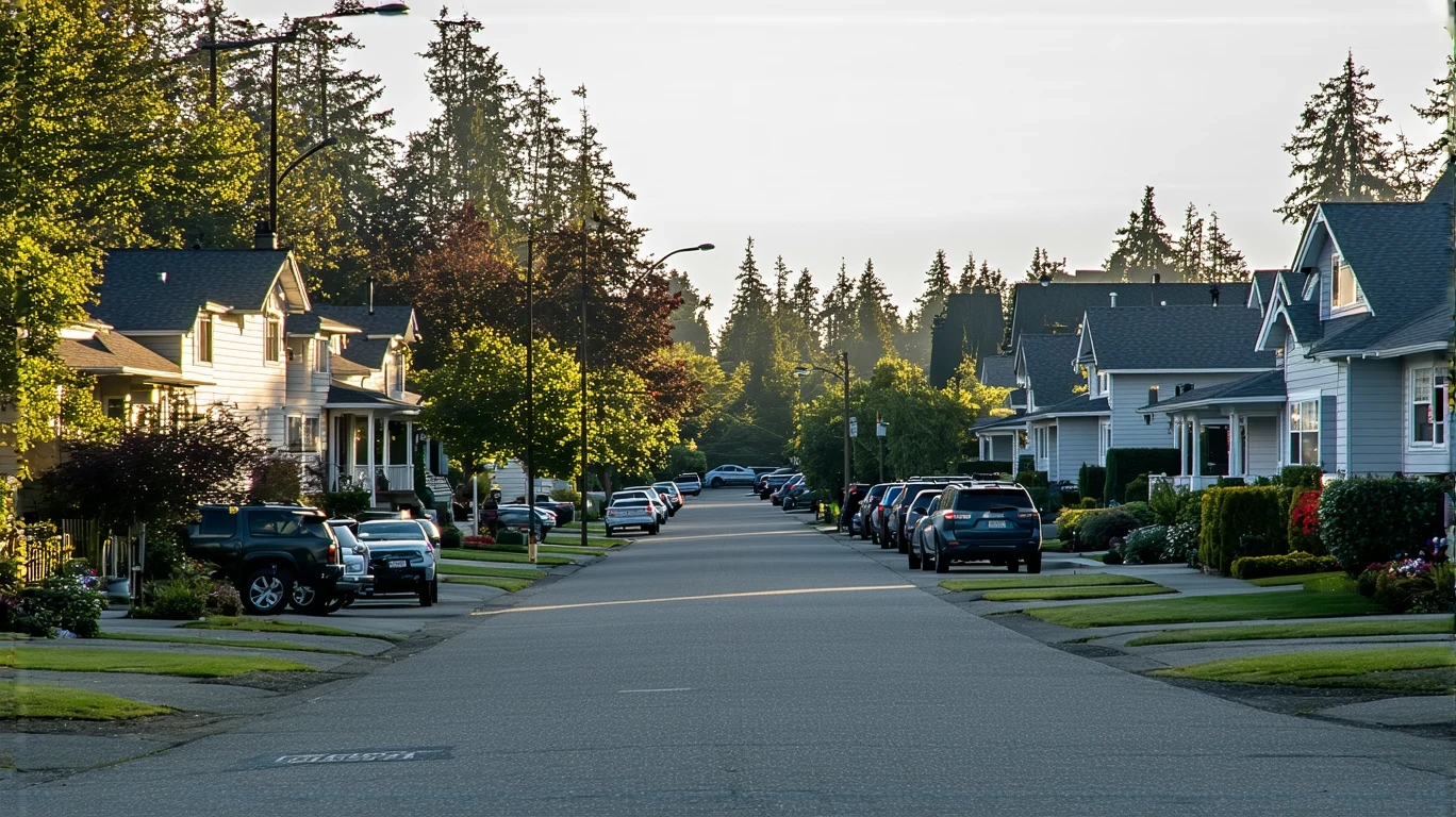 A peaceful residential street in Edmonds, WA at sunrise with one-story homes and mature trees