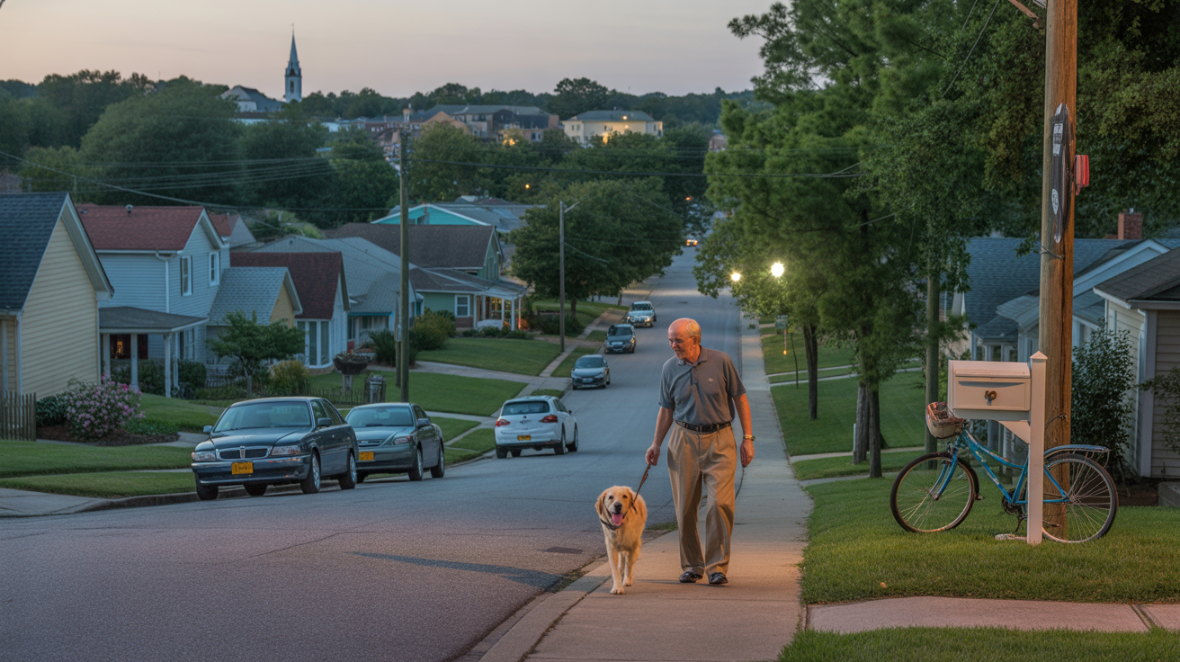 An elderly man walks his golden retriever on a quiet residential street in Wake Forest, NC at dusk.