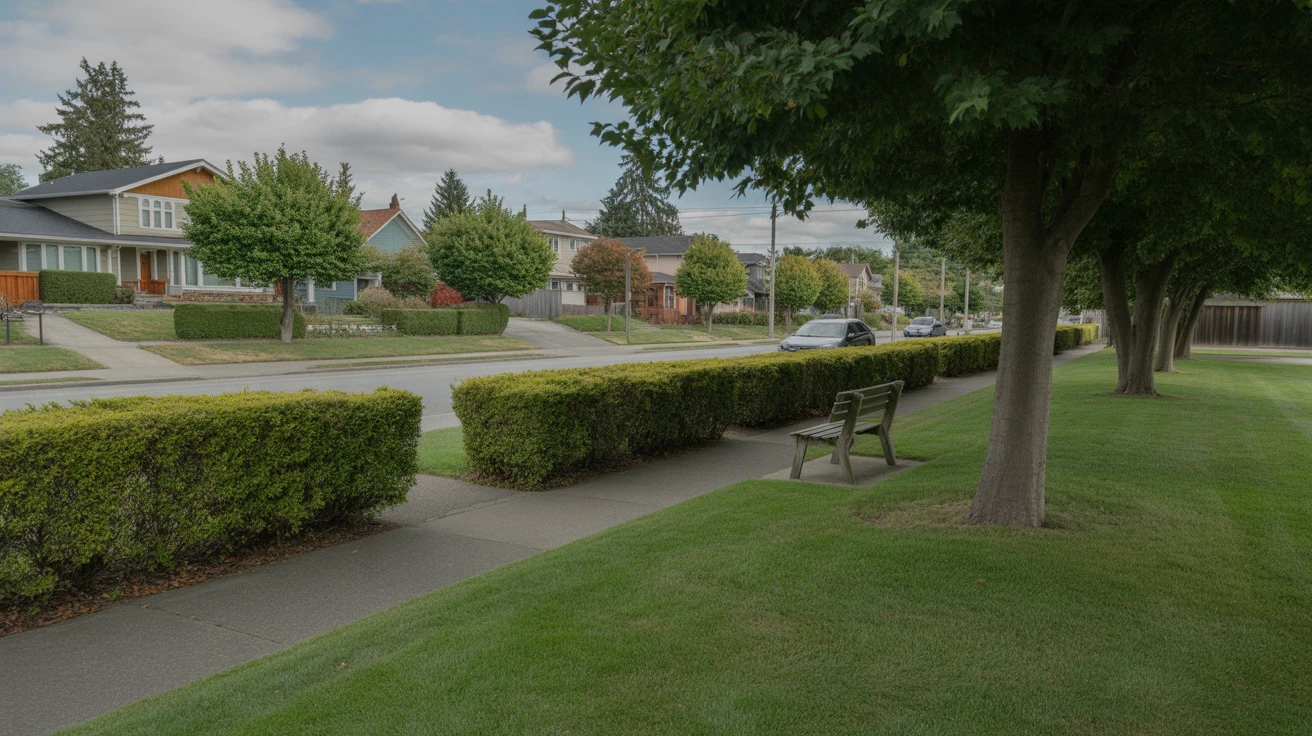 A neighborhood park in Seattle with a path, bench, and homes visible across the street