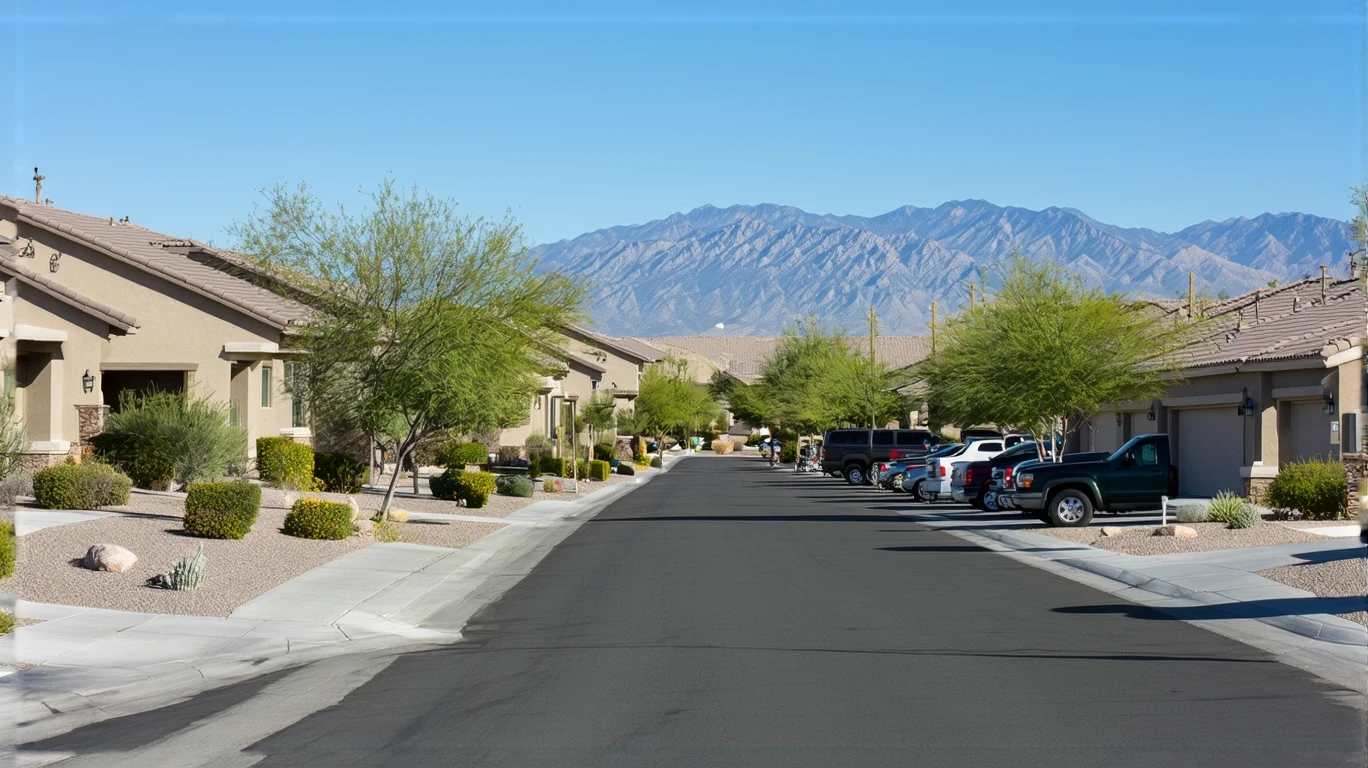 Suburban street in Paradise, Nevada with Southwestern-style homes and apartments on a sunny day.