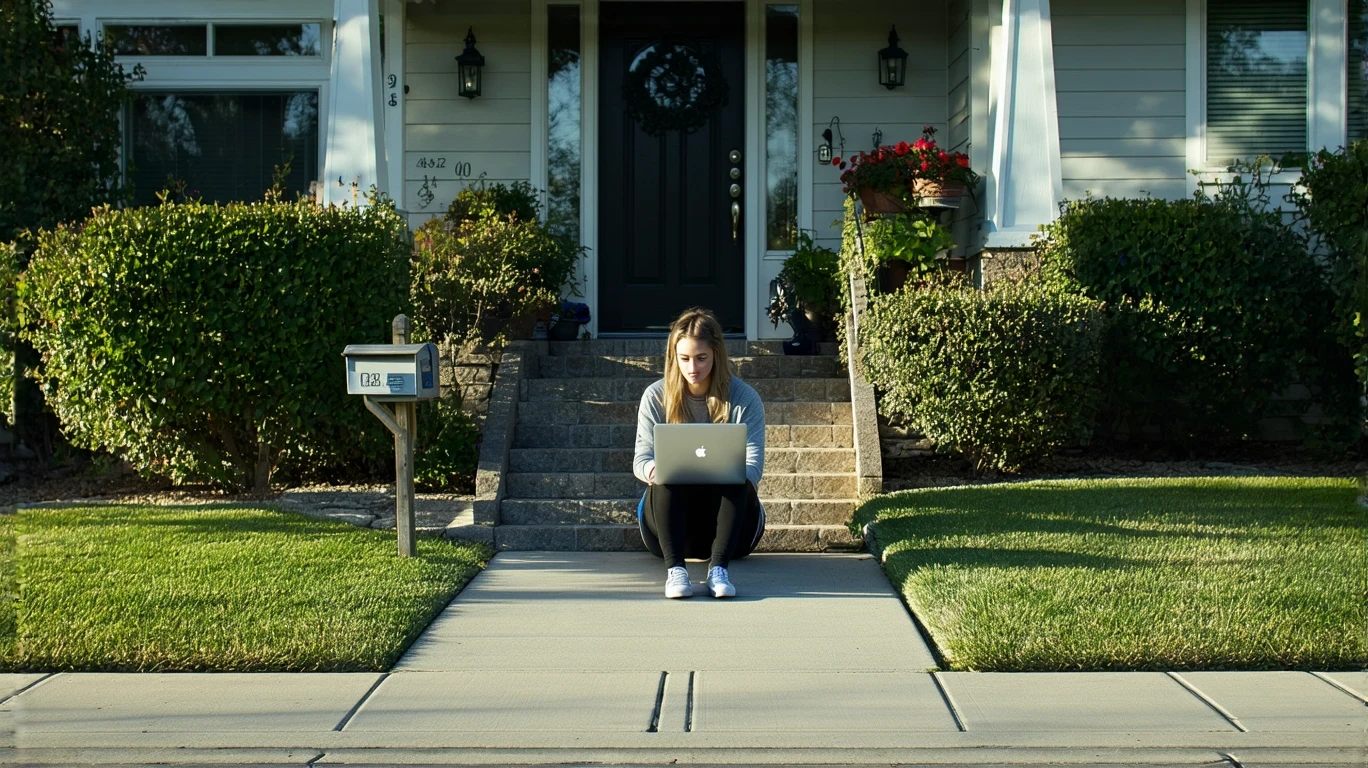 Young woman sitting on front steps of house in Lemon Grove, working on laptop to compare costs of renting apartment vs buying home.