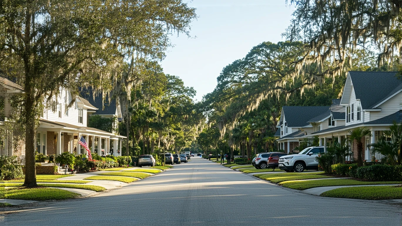 A suburban street in Sanford, Florida lined with well-kept craftsman and ranch homes.