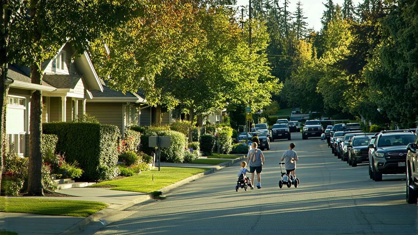 A family walks along a sidewalk in a suburban Redmond neighborhood with craftsman-style homes and mature landscaping.